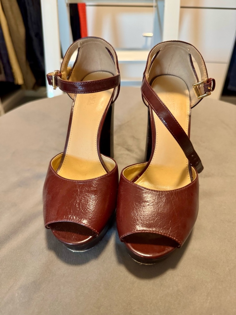 Michael Kors Oxblood Open-Toe Platform Heels with Ankle Strap